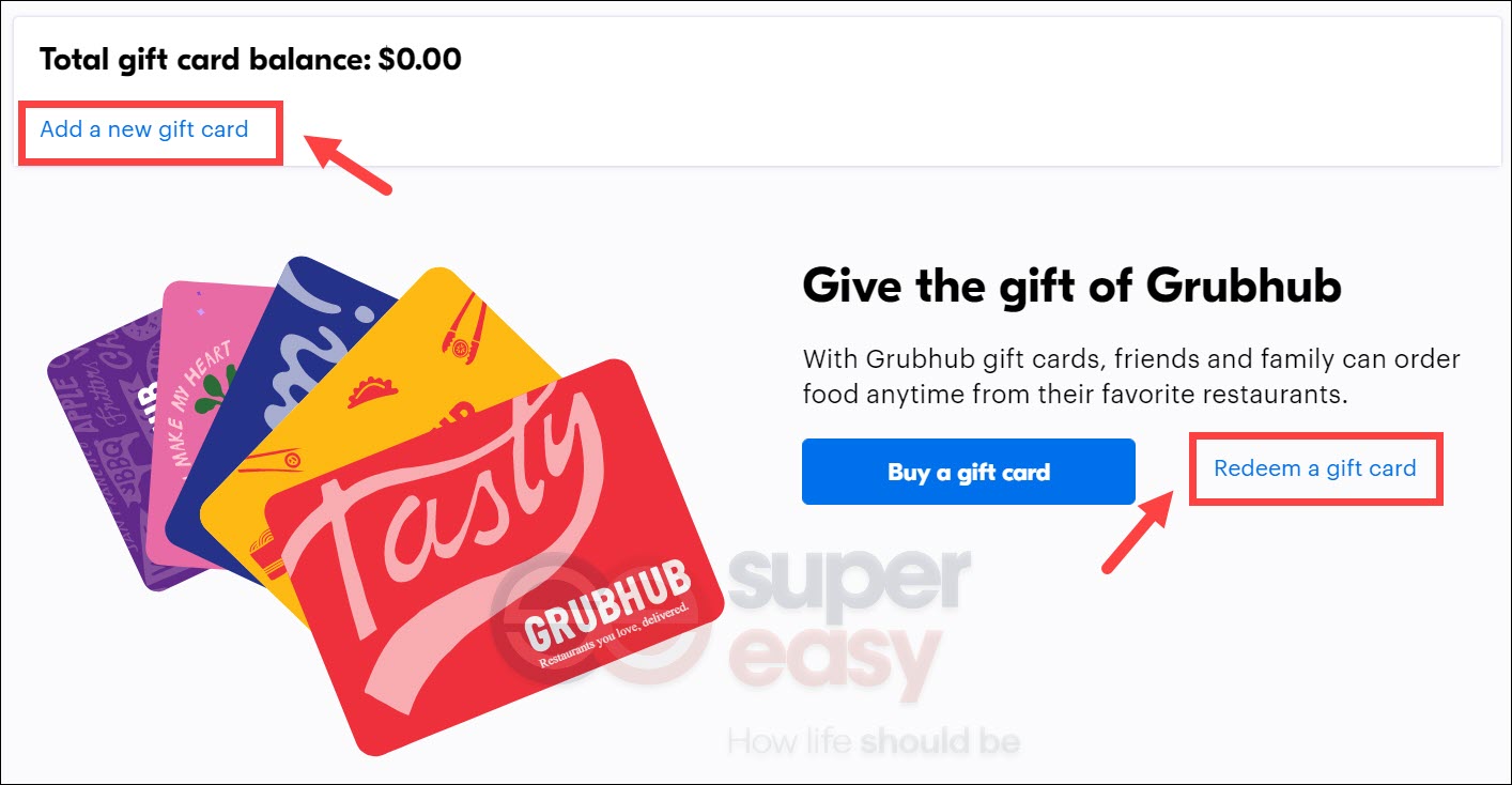 how to add/ redeem a gift card Grubhub